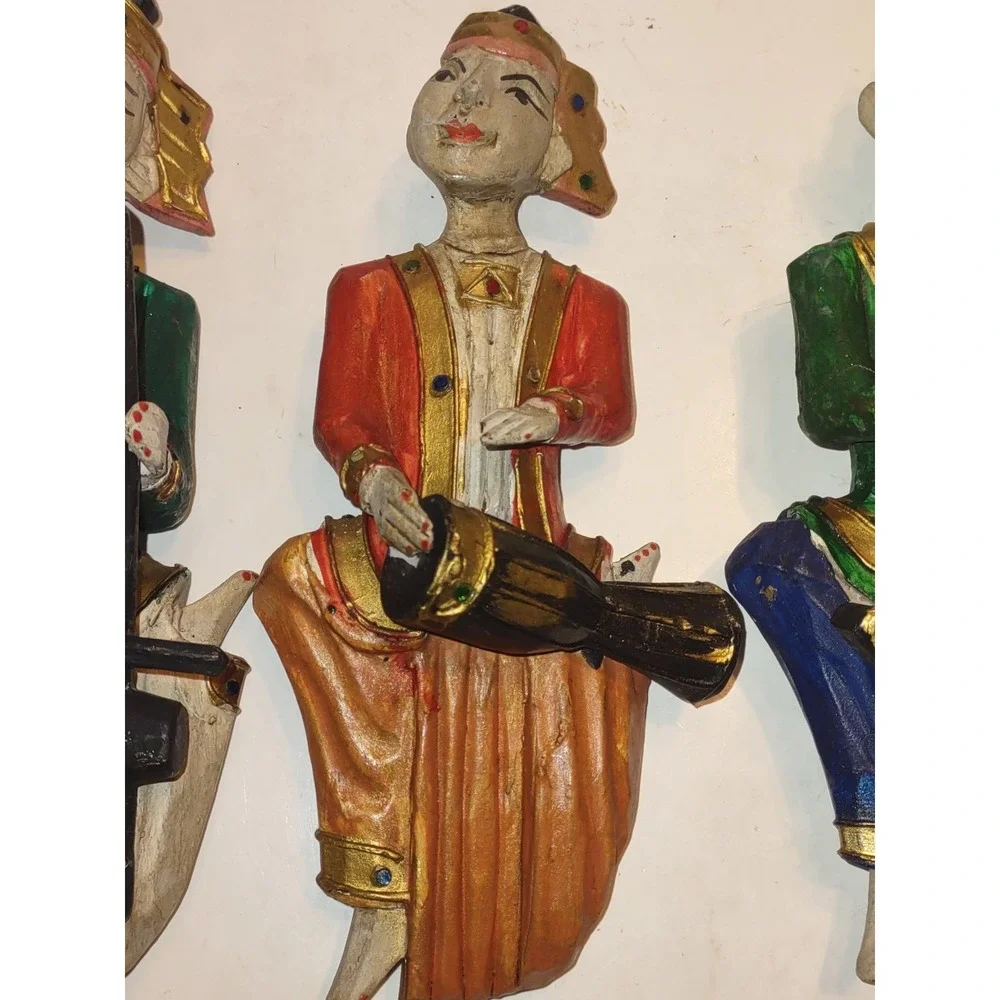 Vintage Hard Covered Wooden Musicians Wall Hanger Figurine Set of 4 Thailand 10